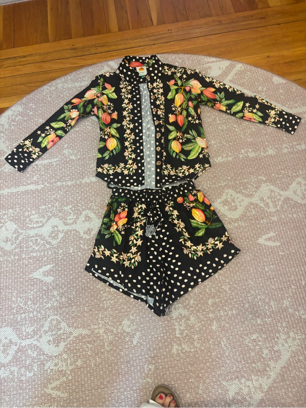 FARM Rio Black Floral & Polka Dot Button-Down Shirt and matching shorts